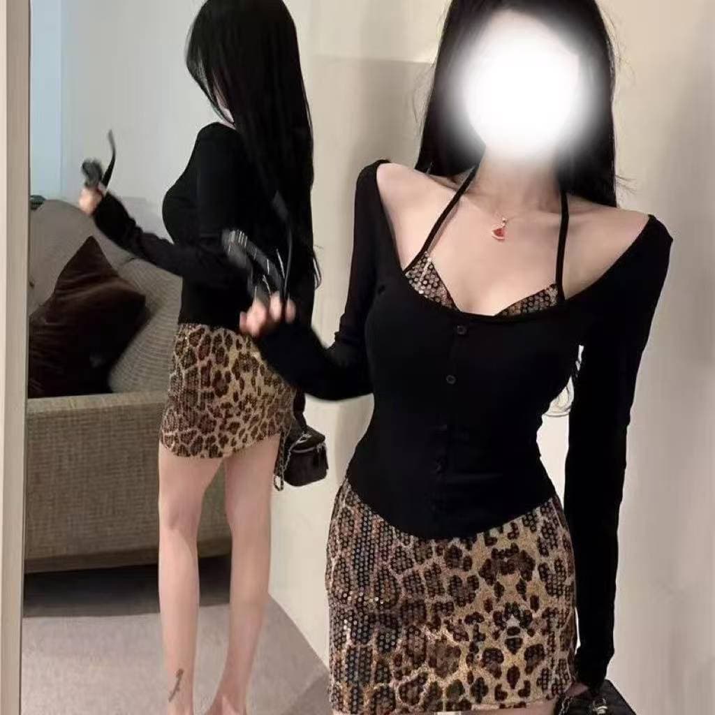 French Sexy Leopard Print V-Neck Halter Long Sleeve Top for Women New Fall/Winter Slim Fit Bodycon Skirt Set