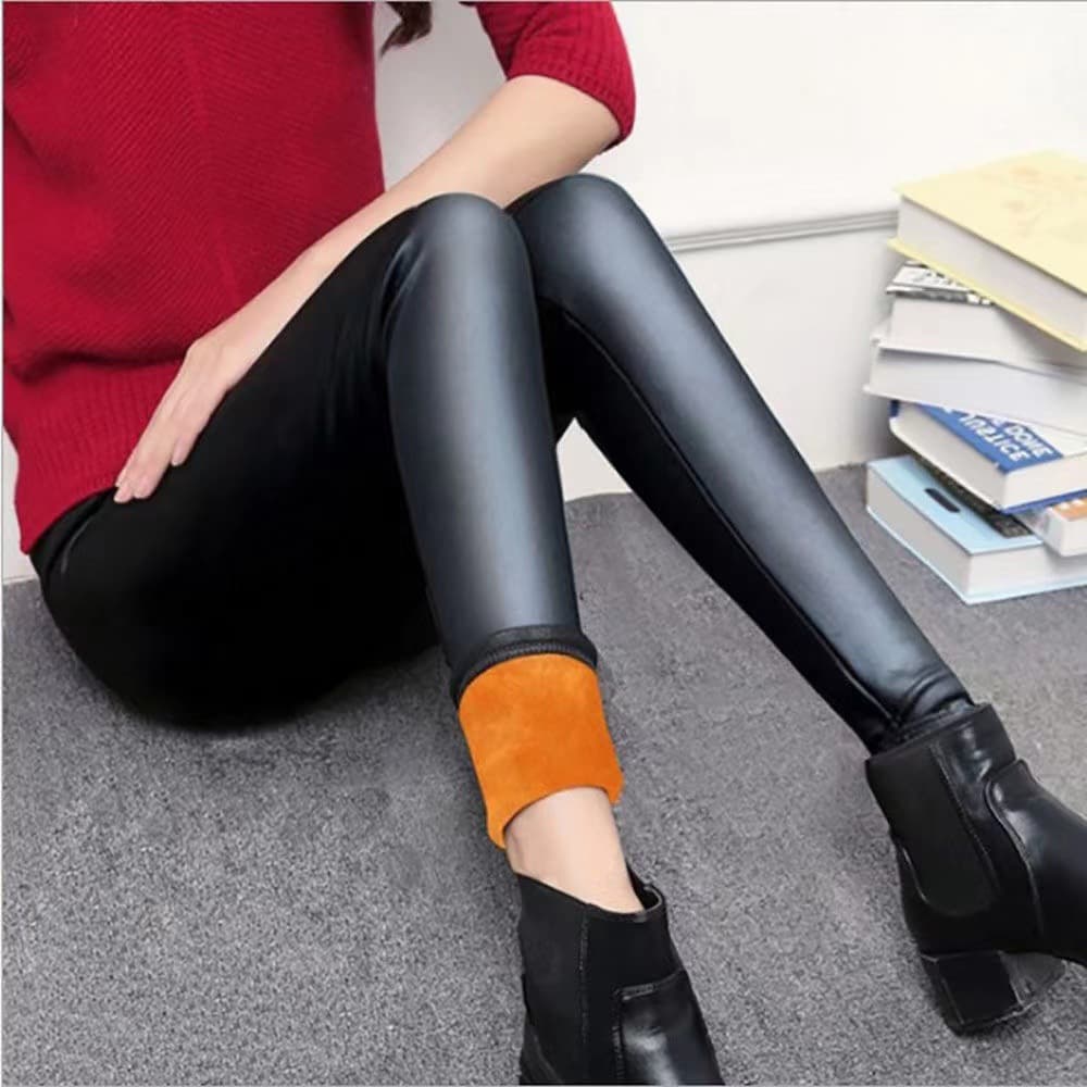 Gold Velvet Faux Leather Leggings Women's Outerwear plus Size Slimming Winter Tightened Ankle Pants Comfortable Casual Style
