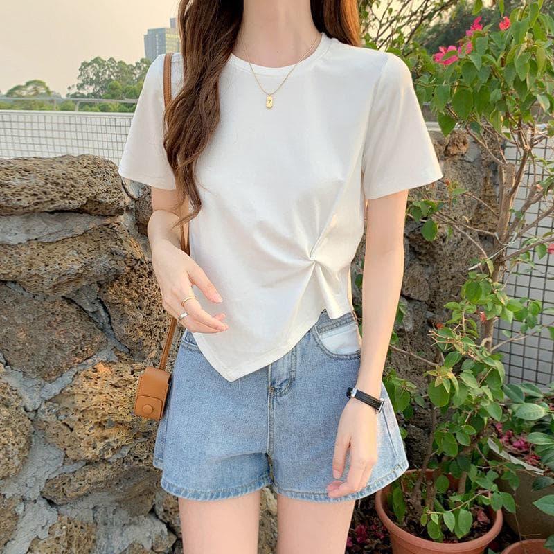 Casual Short Sleeve T-Shirt Women's Irregular Design Summer High Waist Short Length Top Polyester Fiber Round Neck Comfortable Fit