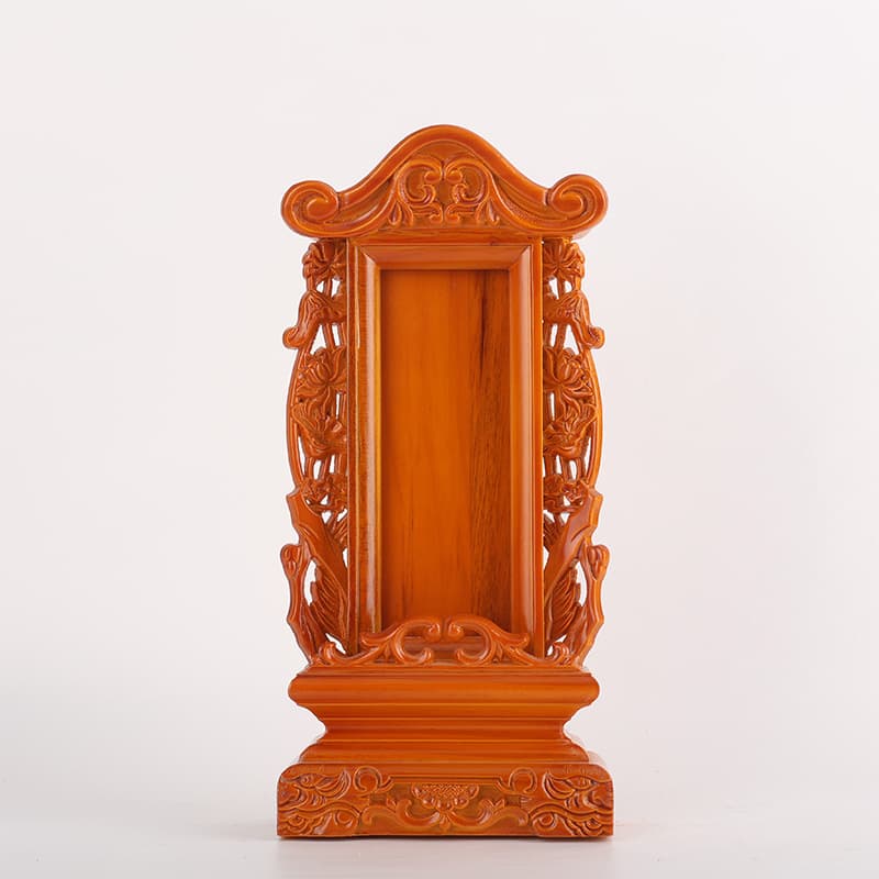 Custom solid wood ancestral tablets for home shrines, factory direct engraved family lotus designs.