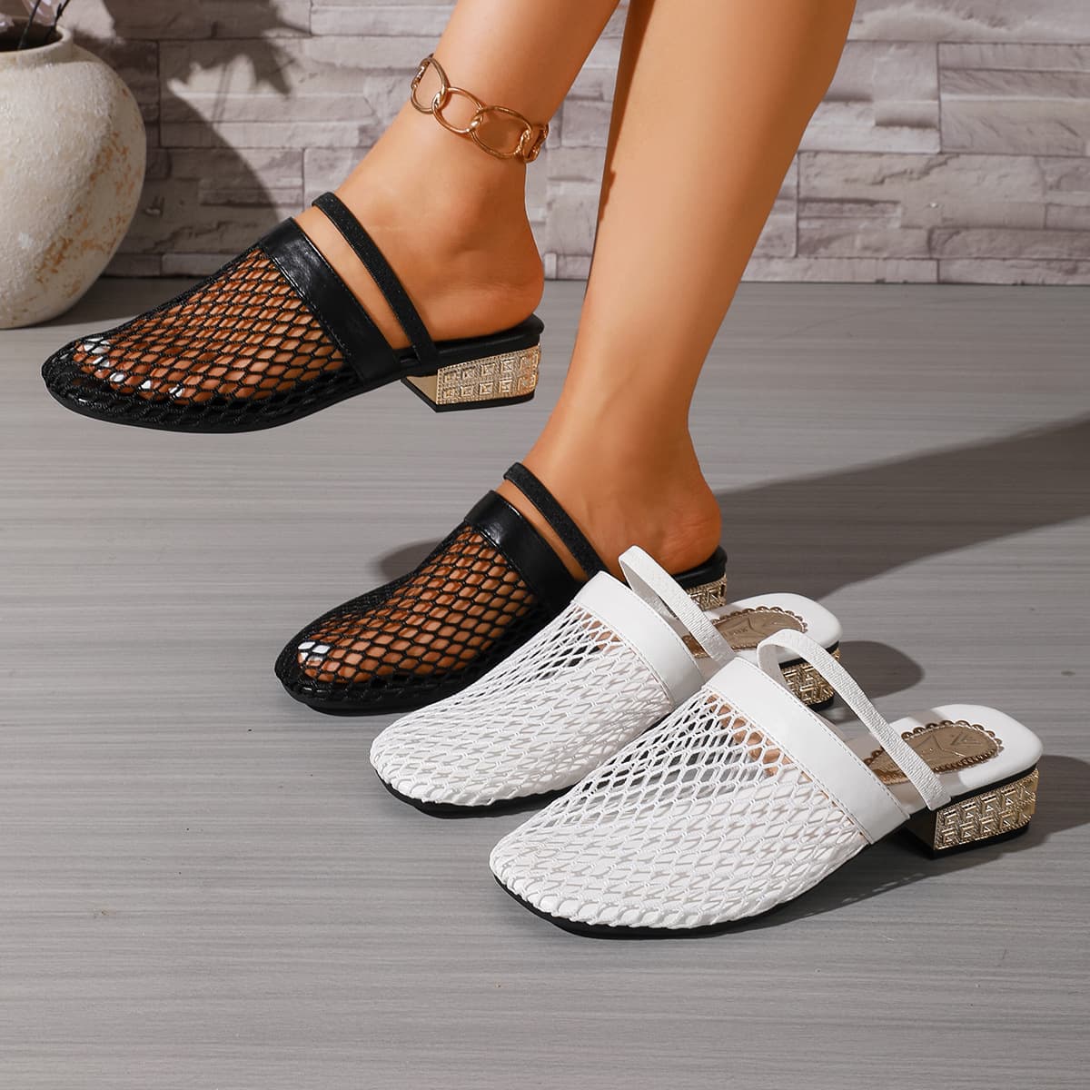 Fashionable and versatile high-heel sandals for women in two colors, black and white, with hollow mesh upper, slip-on design for easy wear