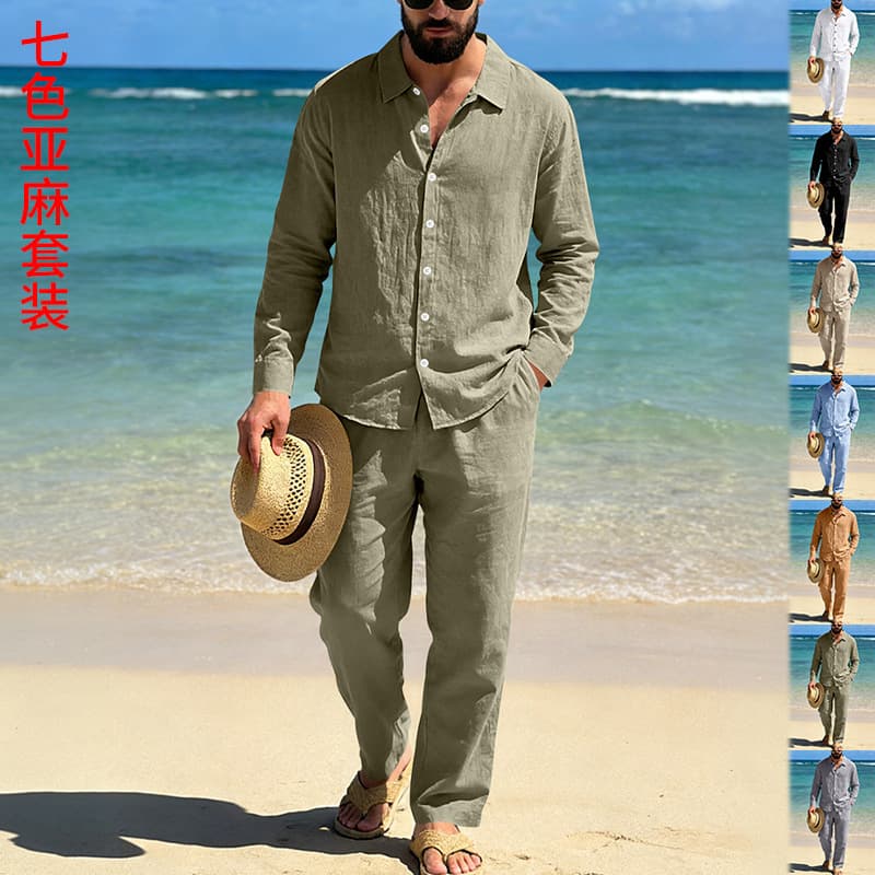 Cross-border American spring and autumn linen men's loose beach casual commuting long-sleeved lapel shirt straight trousers suit