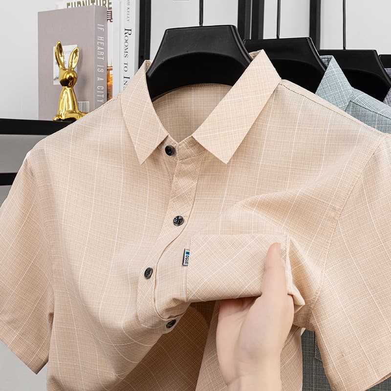 Cross-Border Summer New Cotton Linen Notch Lapel Short Sleeve Shirt for Men, Lightweight Simple Middle-Aged Versatile Plaid Shirt, Drop Shipping