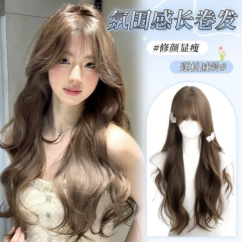 Full Head Wig for Women, Big Wavy Hair with Straight Bangs, Naturally Fluffy, Milk Tea Gray-Brown, Atmospheric Long Curly Hair Wig