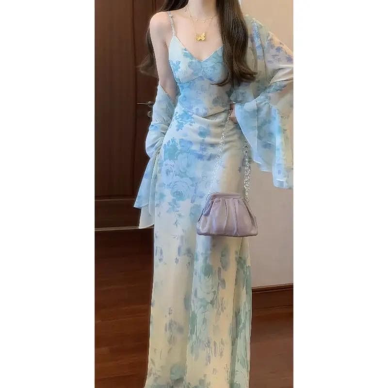 [Blue Flower] French Romantic Elegant Woman Blue Floral Print Camisole Dress & Sun Protection Air Conditioning Cardigan 8232