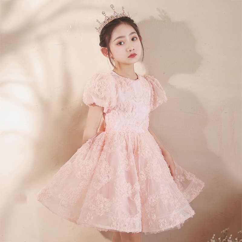 Girls' Luxury Birthday Party Dress Pink Princess Gown Flower Girl Host Piano Performance Outfit