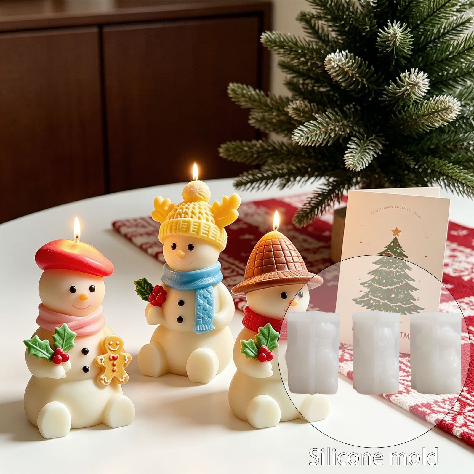 3D Christmas Snowman Aromatherapy Candle Silicone Mold DIY Holly Gingerbread Man with Hat Snowman Plaster Mold