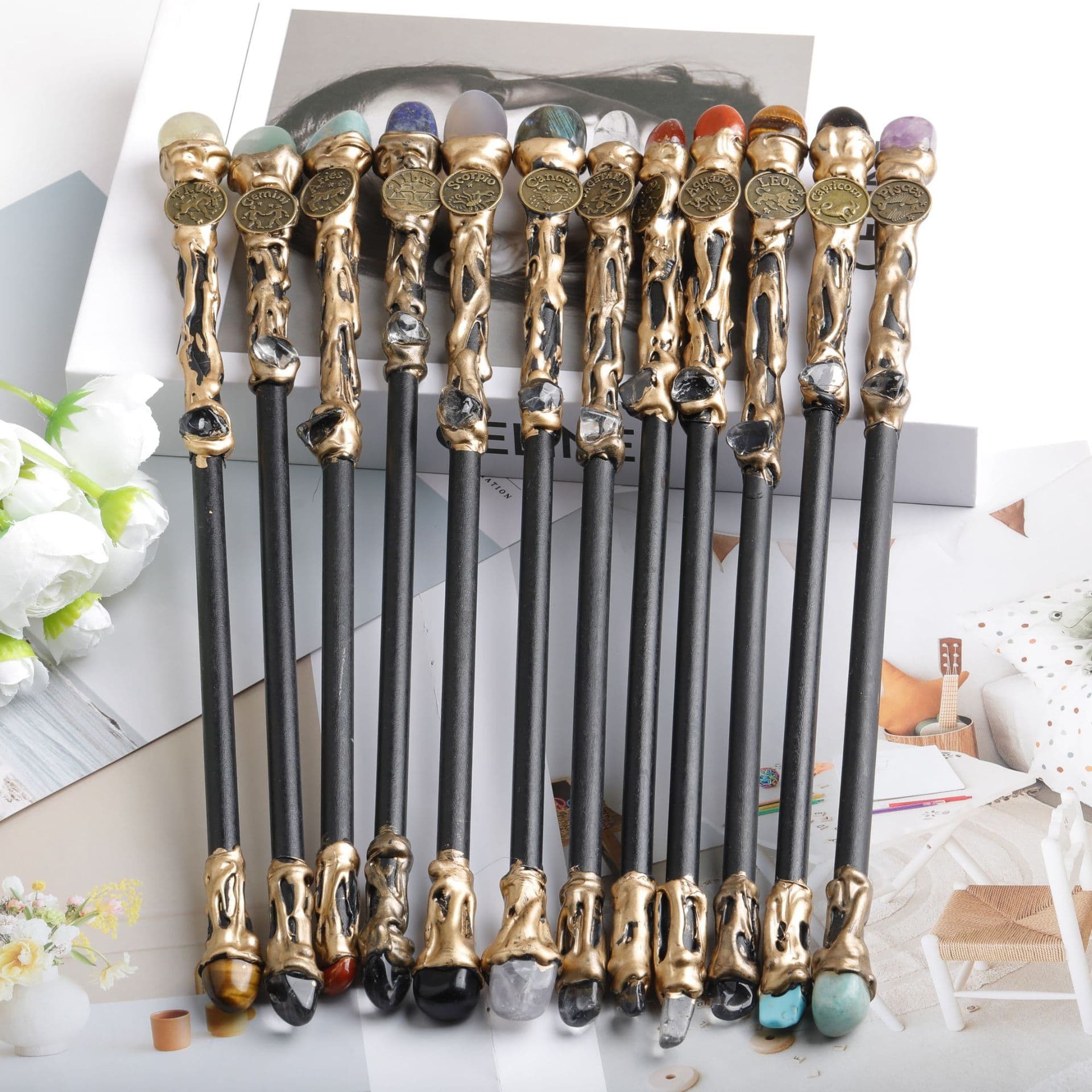 Double-Headed Raw Crystal Magic Wand Zodiac Scepter Ritual Decoration Witch Staff Cross-Border Wholesale Dropshipping