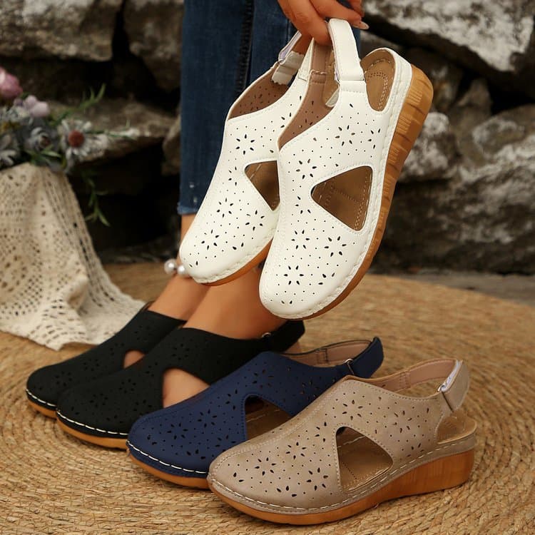 Women's Platform Sandals with Hollow Cutouts, Velcro Round Toe Retro Shoes, Exported Beach Sandals