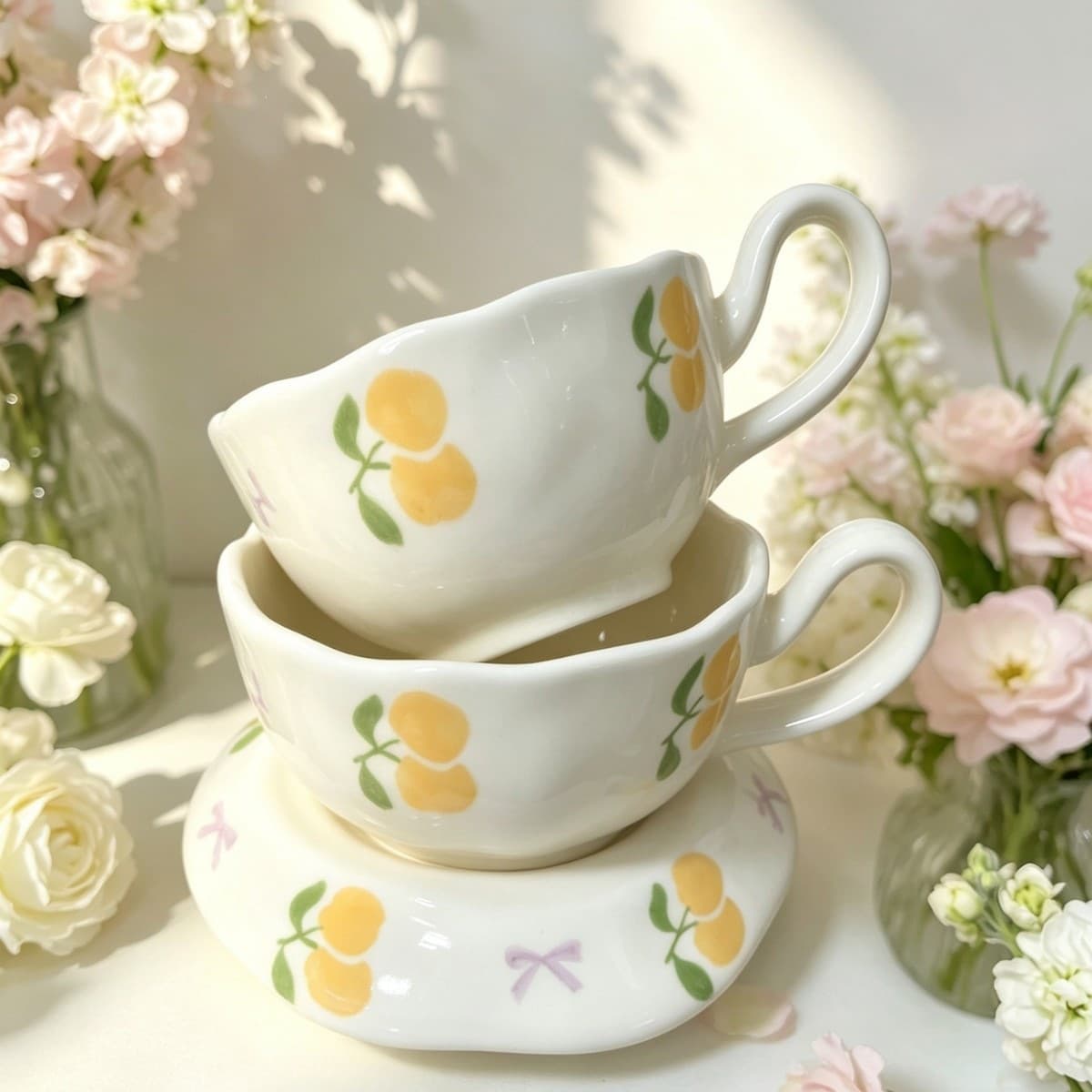 Ceramic Creative Fresh Cup and Saucer Set, Orange Pattern, Simple and Stylish Couple Mugs, Home Coffee Cup with Cute Cream Style