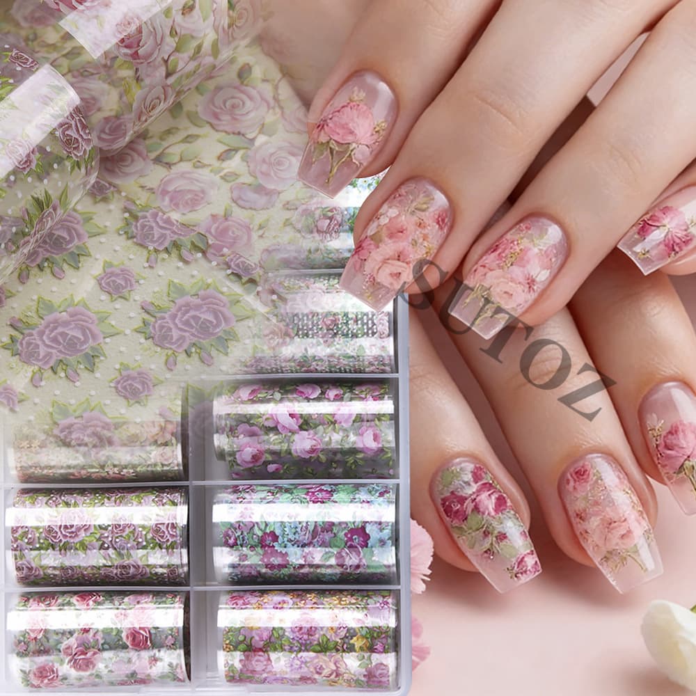 Boxed ins style retro rose manicure starry sky paper pink and blue floral pastoral style girly heart manicure transfer stickers