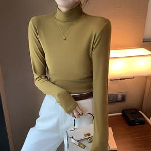 Deer Velvet Base Layer Top Women Spring Autumn Korean New Style Inner Wear Half High Neck Thickened Long Sleeve T-Shirt Fashionable Top