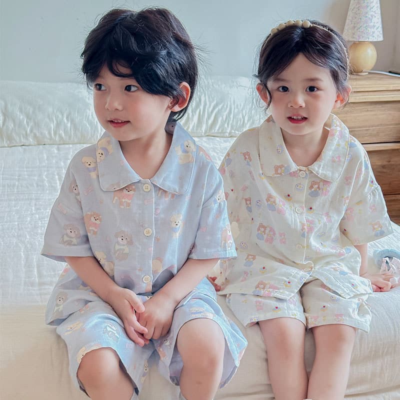 New! Children's Pure Cotton Short Sleeve Set Summer Boys Girls Baby Pajamas Toddler Loose Cotton Gauze Air-Conditioned Loungewear