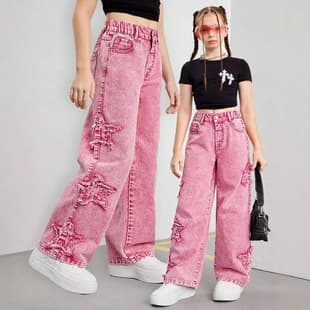 US/EU Cross-Border Amazon Teen Girls' Pink Hip-Hop Elastic Waist Wide-Leg Jeans
