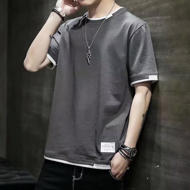 Fake Two-Piece Short-Sleeved T-Shirt Men's Summer New Youth Leisure Sports Round Neck Short-Sleeved Thin Base Shirt Trendy Brand