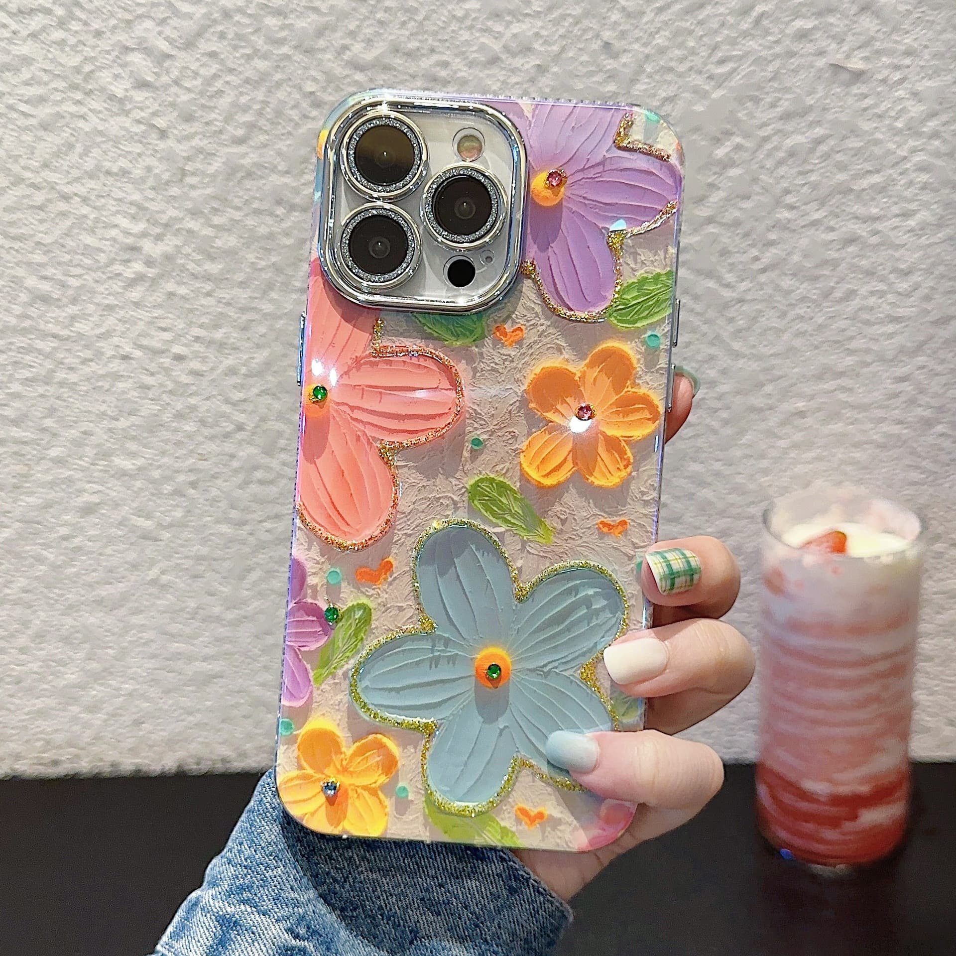Blue Glue Rhinestone Flower Case for iPhone 15, Precision Cut, Full Coverage for 14, Lens Protector for 13, Heat Dissipation for 12/16