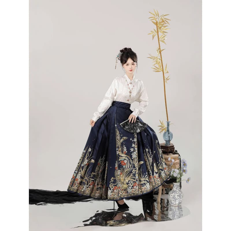 【Auspicious Omen】Imitation Zhuanghua Brocade with Gold-Woven Horse-Face Skirt + White Jacquard Shirt with Subtle Patterns