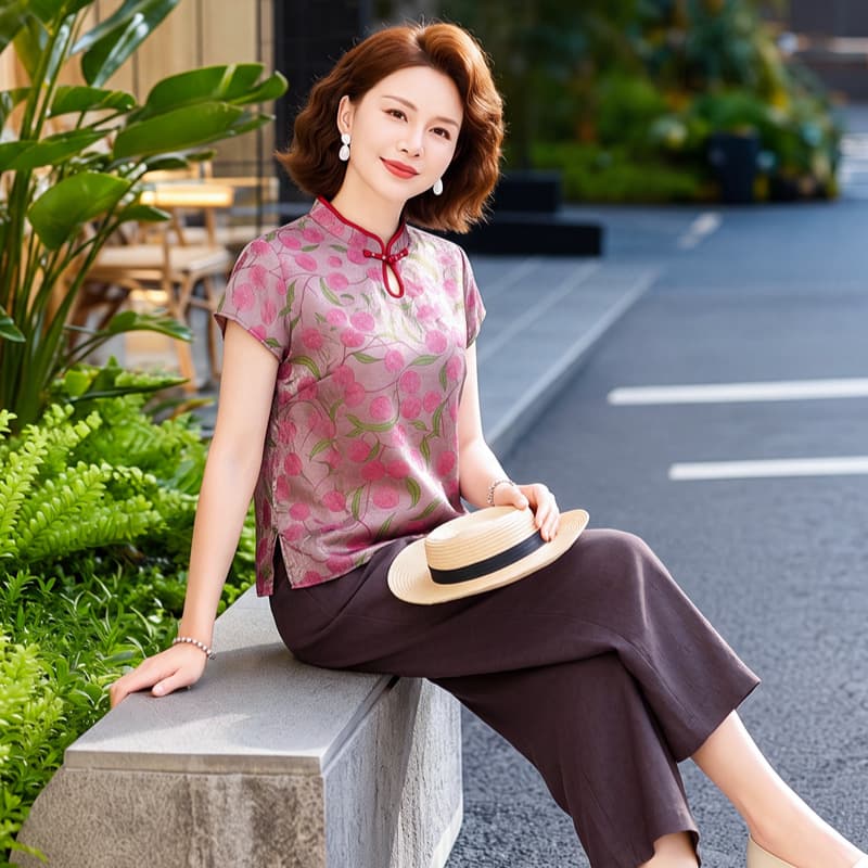Premium Mother Summer Short Sleeve Set for Women in Their 50s, High-End Light Luxury Middle-Aged and Elderly Women Wide-Leg Pants Short Sleeve Set