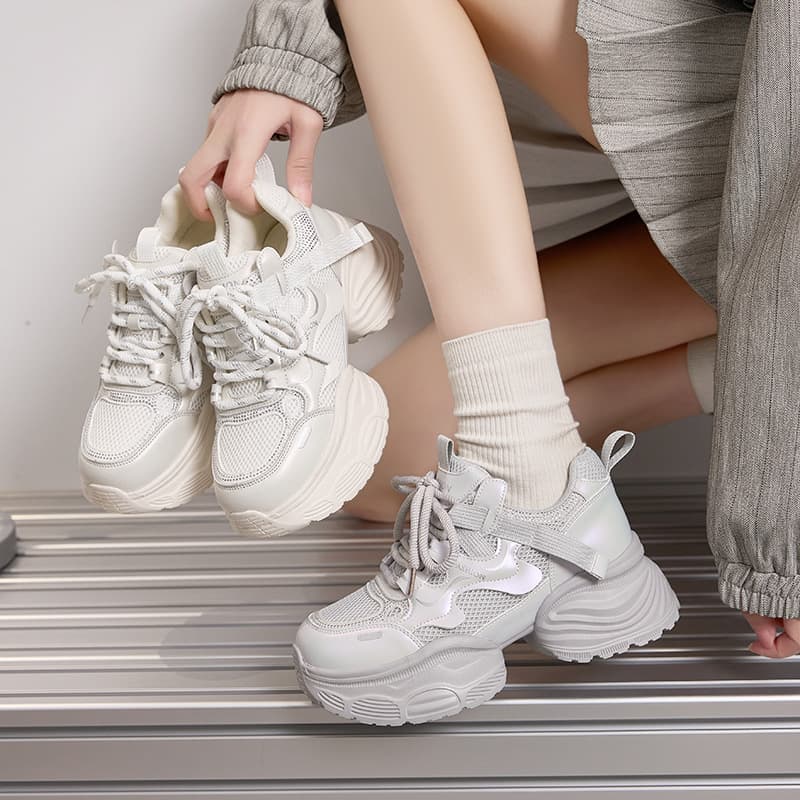 Slim Chunky Sole Genuine Leather Dad Sneakers for Women, Casual Sports Shoes, Versatile Height-Increasing White Shoes, 2026 Spring New Arrival