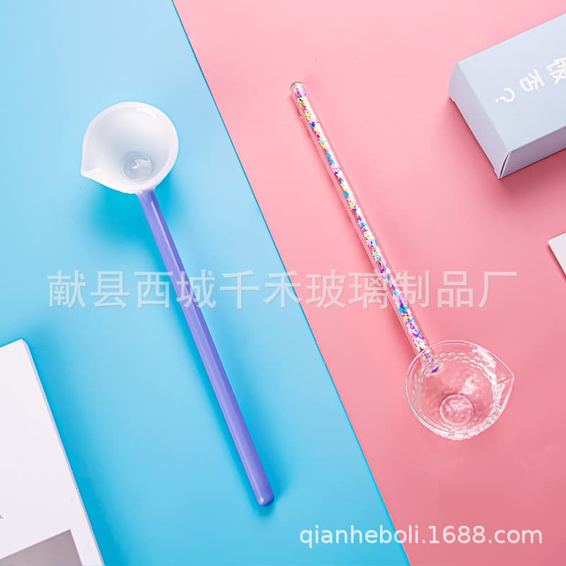 High borosilicate glass soup ladle with long handle, colored glass small spoon for tea serving, multicolored tea scoop with filled handle, wholesale available