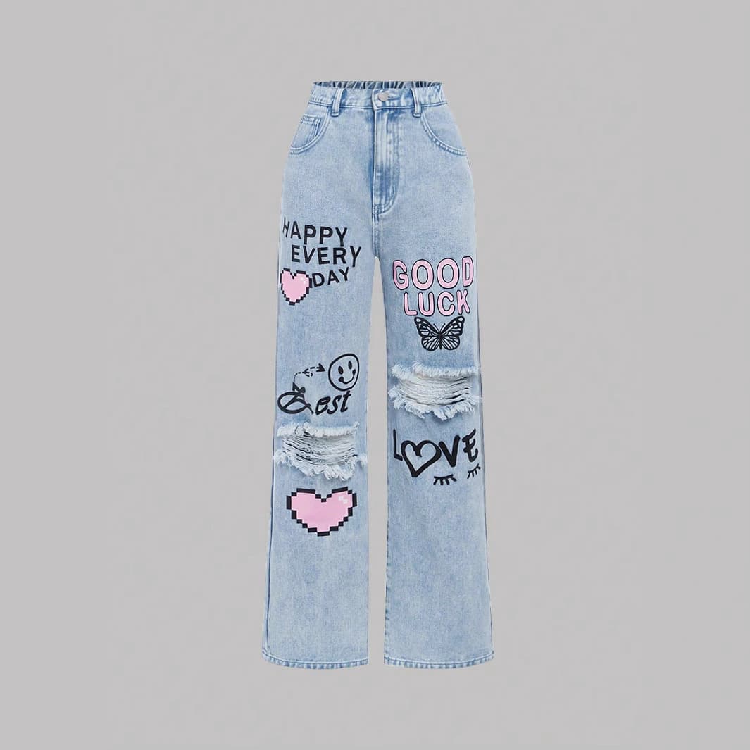 Doodle Wide Leg Pants American Style Children's Jeans Long Trousers Retro for Middle And Large Children Polyester Fiber
