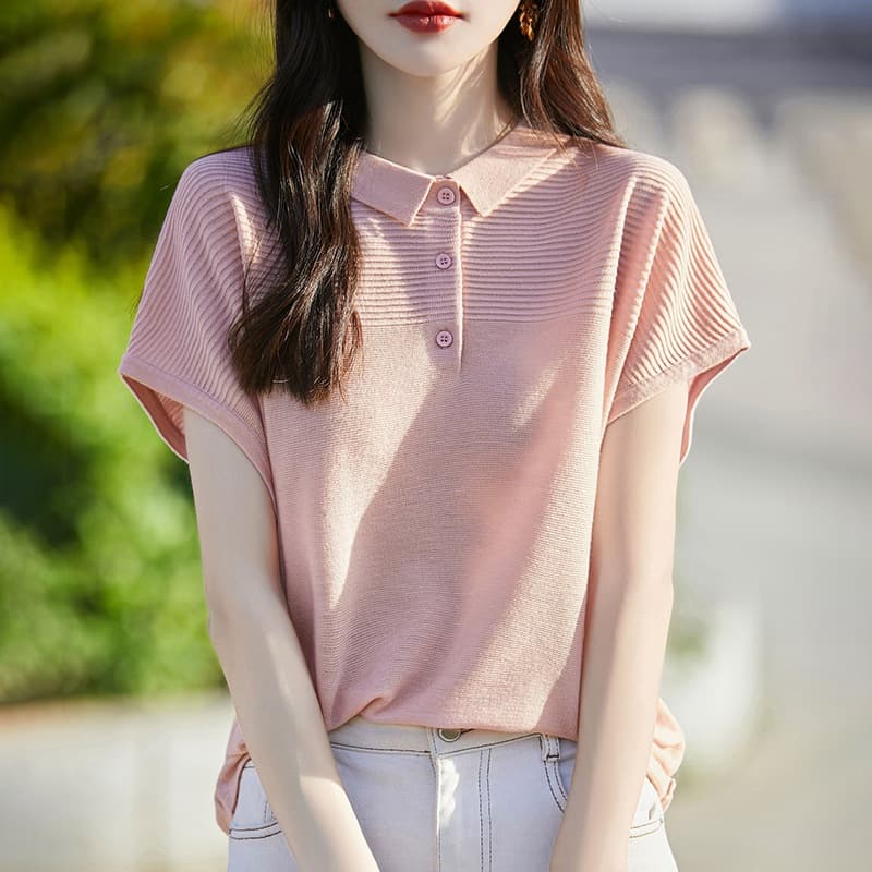 2024 Summer New Wool and Mulberry Silk Blend Knit Top Women's Short Sleeve Thin Polo Neck Loose Solid Color Blouse