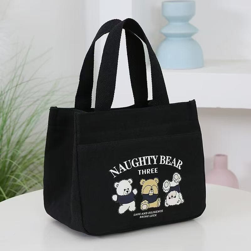 Large Capacity Cartoon Bear Print Handbag Lunch Box Style Women's Tote Bag Urban Simple Canvas Material Square Shape Bag