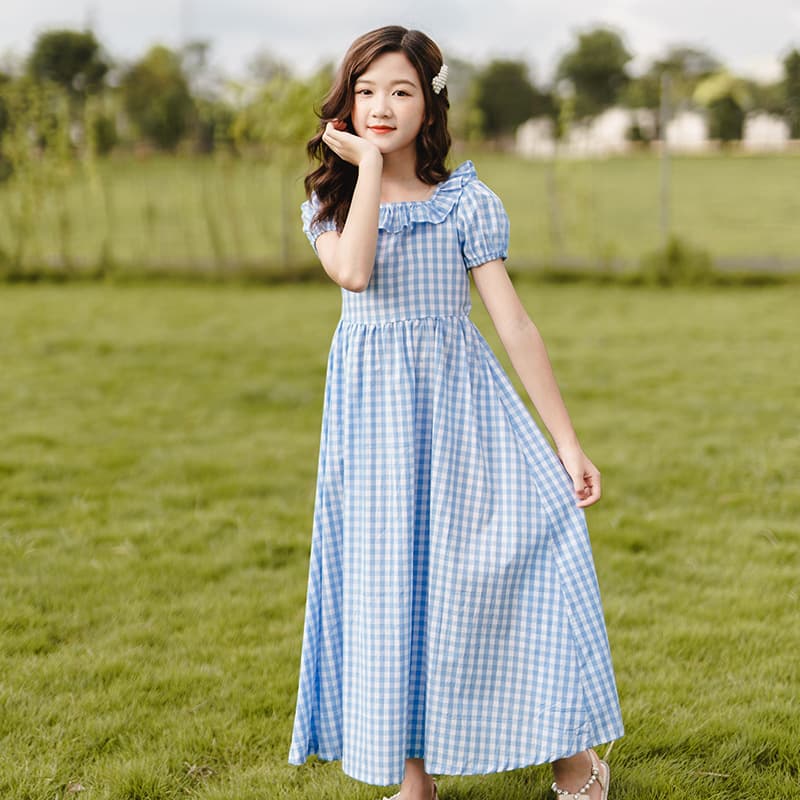 2026 New Girls Off-Shoulder Dress Summer Long Dress for Older Children Short Sleeve Party Dress Casual Wear