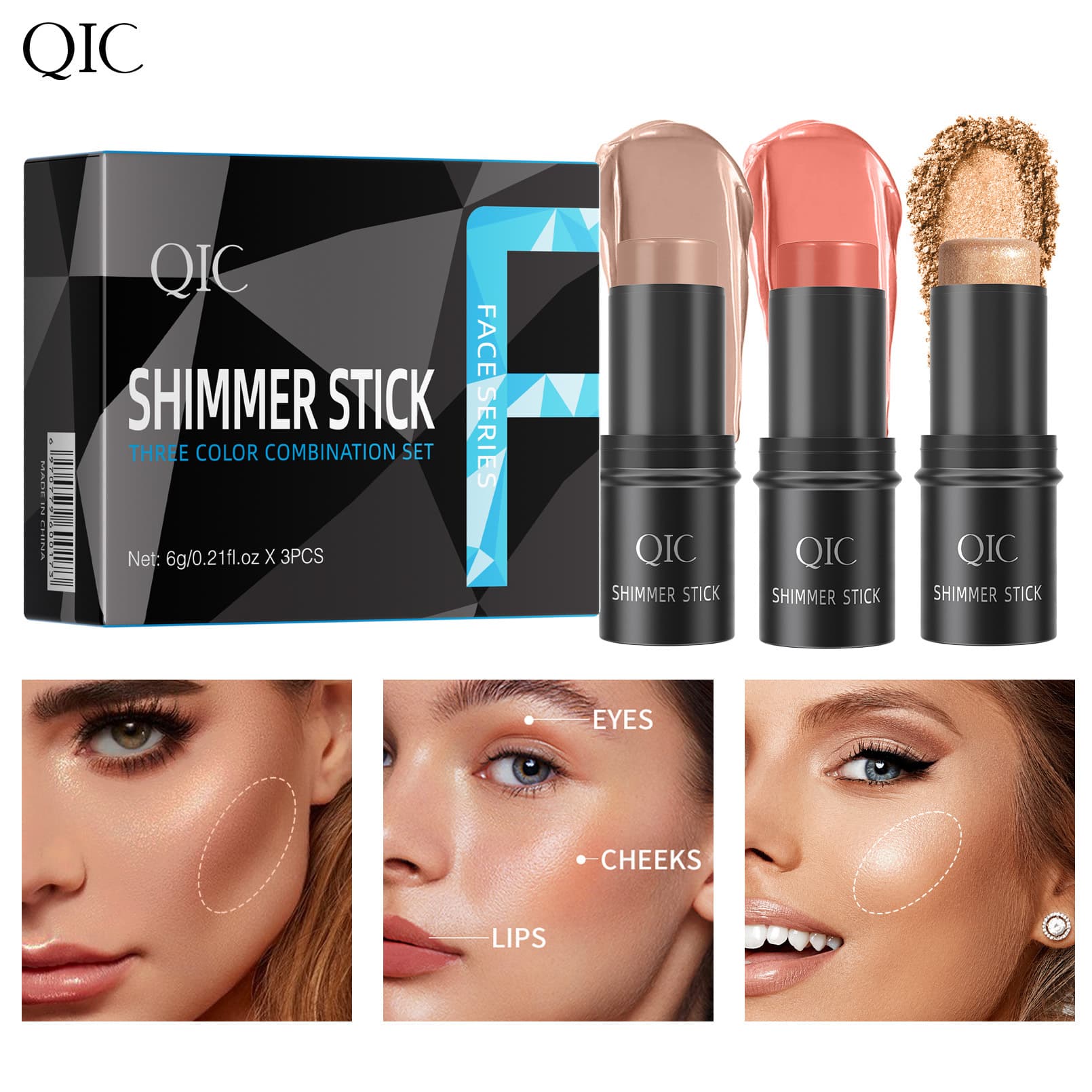 Cross-border QIC Highlighter Blush Contour Stick 3-Piece Set Box Face Contour Highlighter Stick Blush Cream Makeup Kit