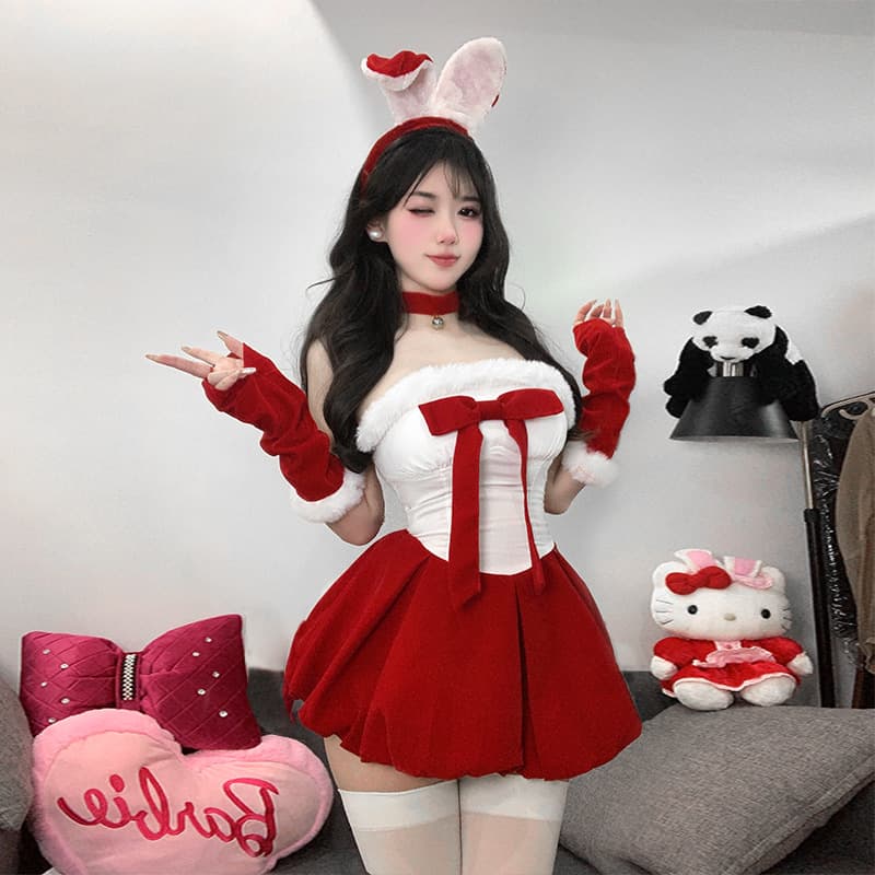 Christmas Festive Atmosphere Outfit Flocked Strapless Red Dress Women Autumn Winter Role Play Set Lingerie