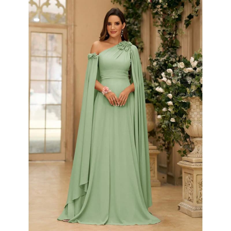 AliExpress Autumn Foreign Trade New Women Party Wear 3D Flower Decoration Flowing Sleeves Asymmetrical Shoulders