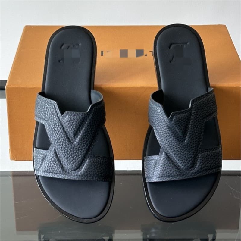 Original Box Genuine Leather Sole Mule Flat Sandals 2026 Summer Genuine Leather Printed Slide Sandals for Men