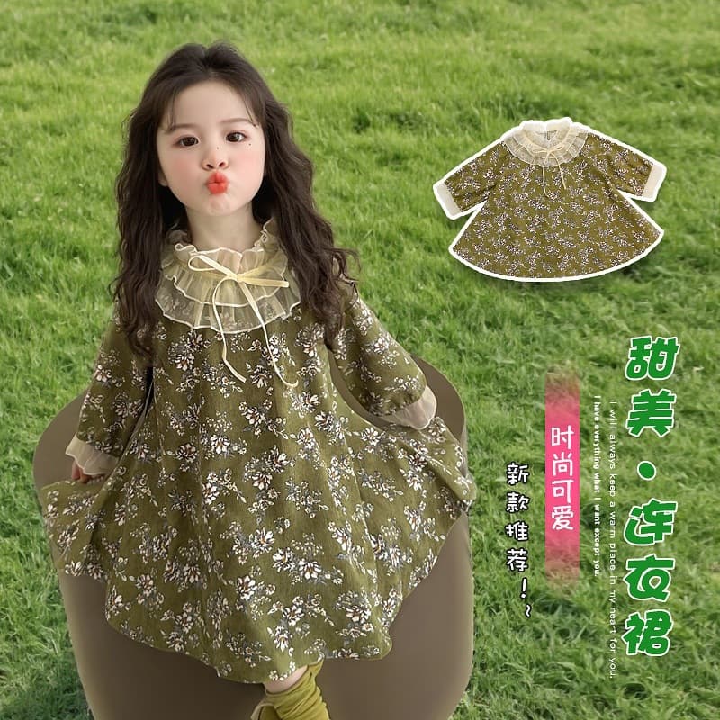 Girls Corduroy Floral Dress Spring Autumn Korean Fashion Toddler Girls Stylish Dress for Kids