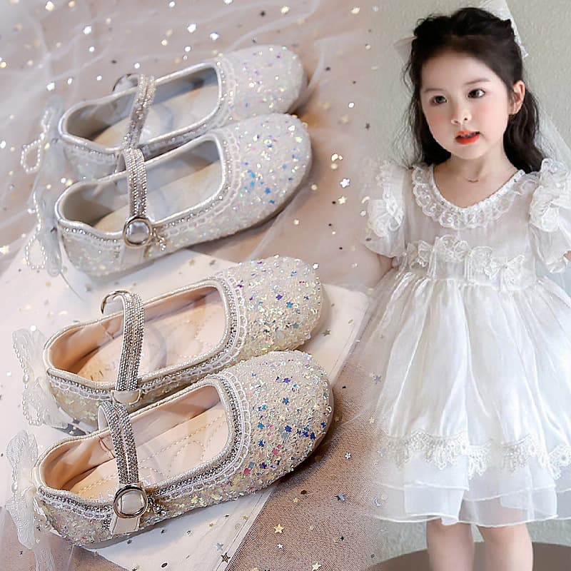 Girls' Crystal Glitter Princess Shoes 2025 Summer/Autumn Style Mesh Pearl Bow Solid Color Performance Shoes