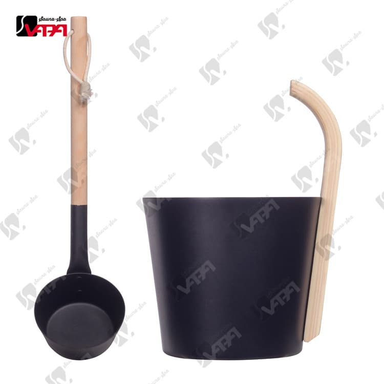 Sauna Aluminum Bucket and Ladle, 7L Sprayed Short Curved Birch Handle Aluminum Bucket, Export Sauna Accessories Factory Direct