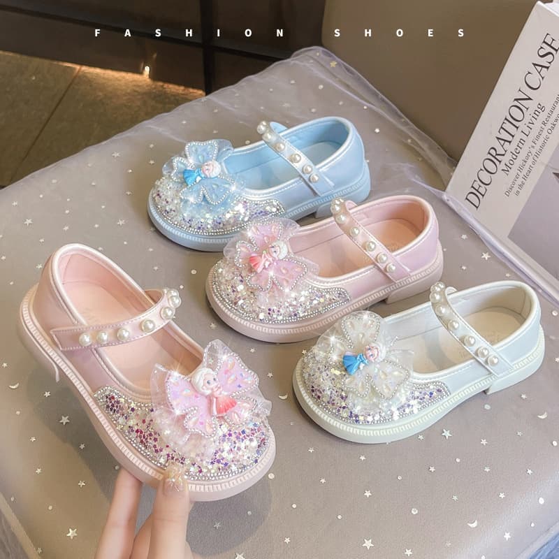 Girls' Crystal Shoes Children's Glitter Princess Shoes 2025 New Elsa Girls' Leather Shoes with Rhinestones and Soft Soles