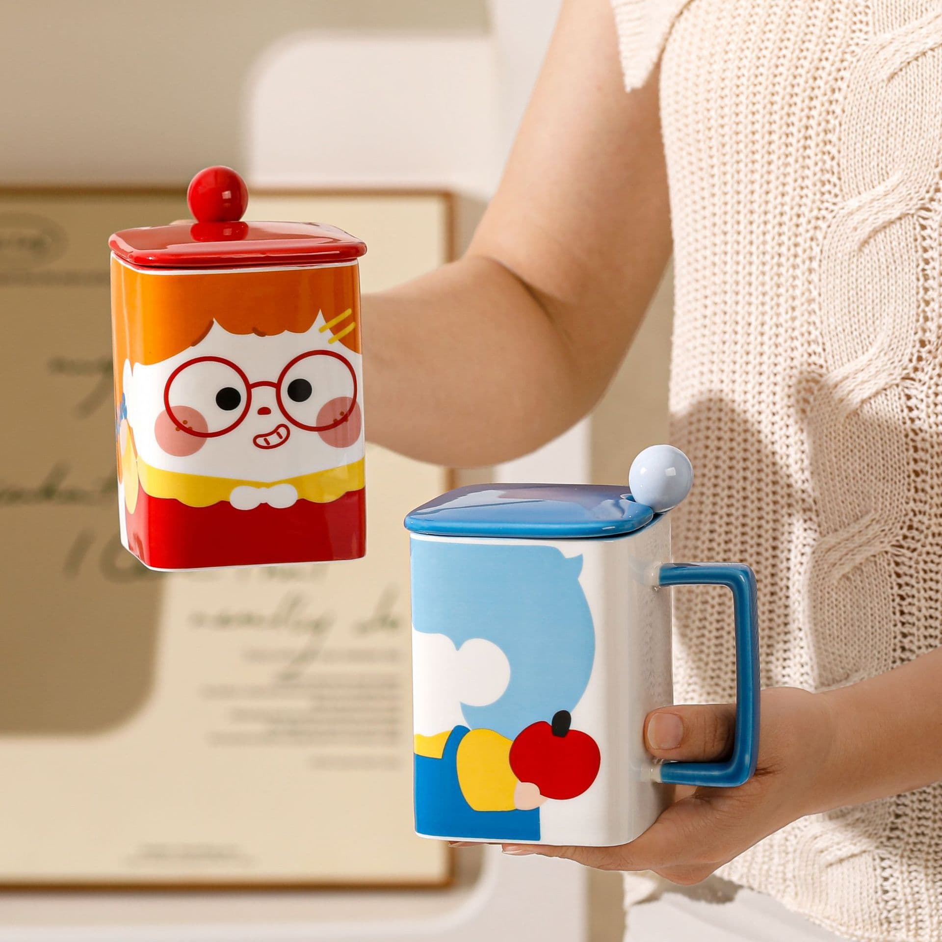 Creative Cartoon Doll Ceramic Mug Personalized Coffee Cup with Lid Spoon Couple Water Cup Birthday Gift Souvenir