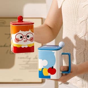 Creative Cartoon Character Ceramic Mug, Personalized Coffee Cup with Lid and Spoon, Couple Water Cup, Birthday Gift, Souvenir
