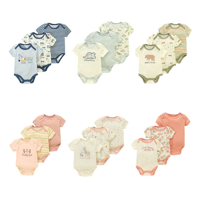 New Cross-Border Cotton Baby Clothes Three-Piece Set Bodysuit Short Sleeve Summer Print Baby Romper Suit