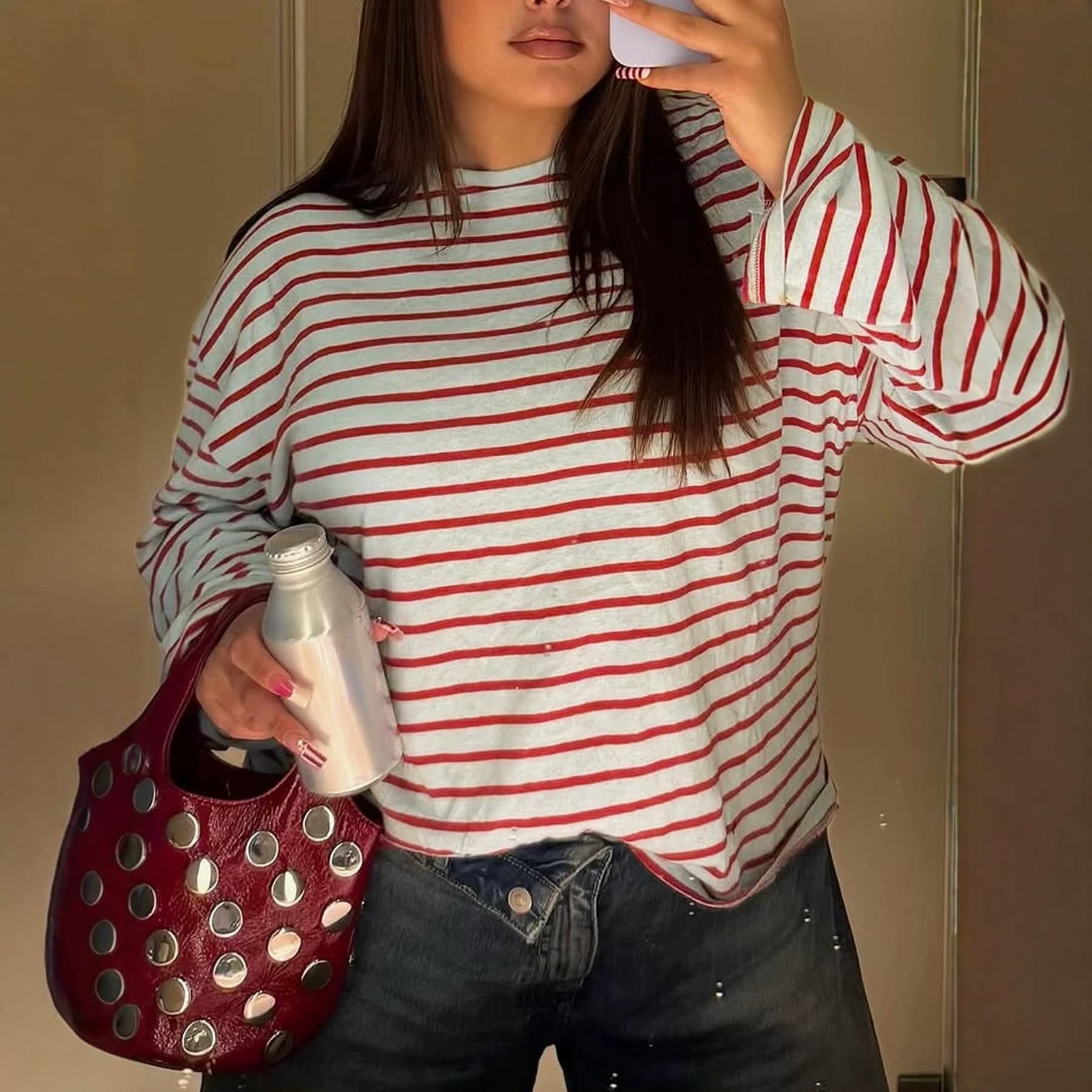 Cross-border European and American casual American classic striped long-sleeved top round neck off-shoulder loose oversized cut hem T-shirt