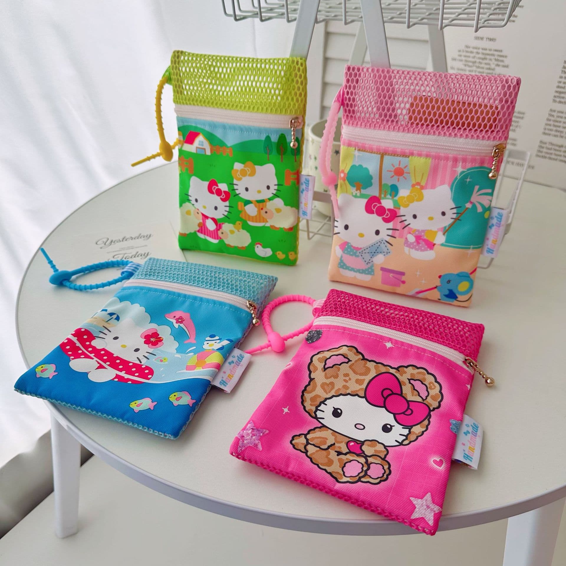 Sanrio KT Hello Kitty Mesh Handmade Cartoon Multifunctional Pencil Case Cartoon Niche Cosmetic Storage Bag