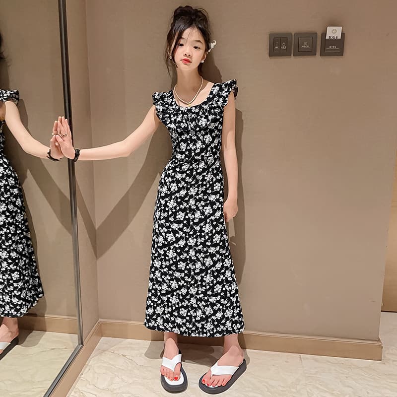Girls' Floral Dress Summer 2025 New Children's Fly Sleeve Long Dress Girls' Older Kids Summer Long Skirt