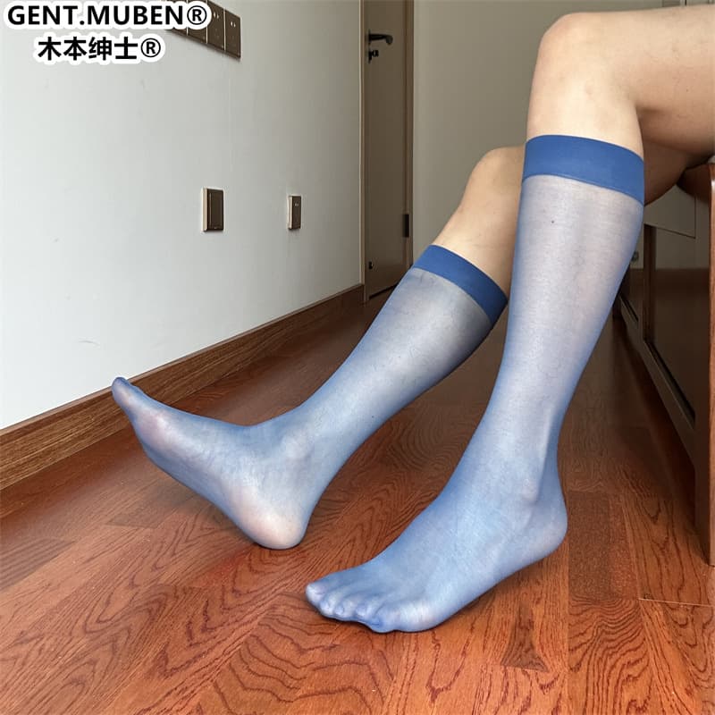 B02 toe transparent ultra-thin sapphire blue men's suit mid-length sexy Japanese nylon formal business stockings