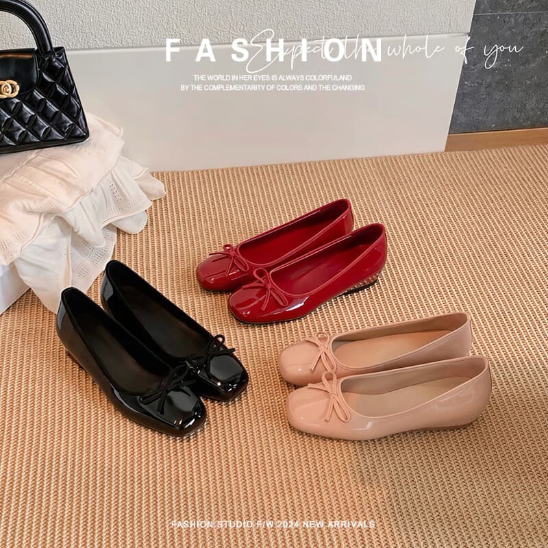 Top Layer Cowhide Bow Ultra-Soft Commute Square Toe Shallow Mouth Ballet Flats with 5cm Inner Height Increase for Women