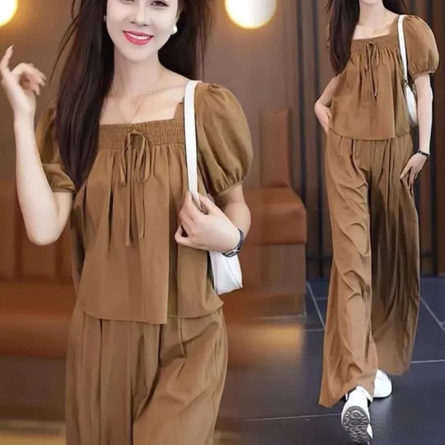 2024 New Casual Fashion Women's Summer Short Sleeve Set Elegant Slimming Age-Defying Wide-Leg Pants Two-Piece Set