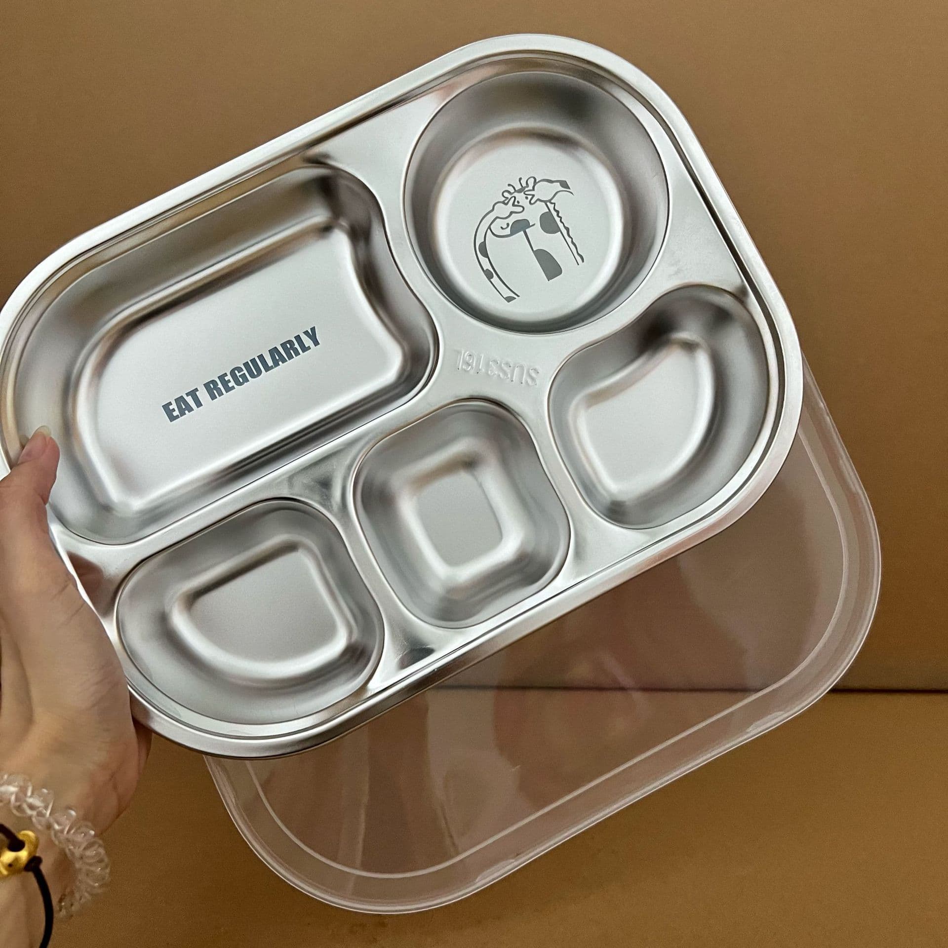 Stainless steel dinner plate 304 compartments with lid round deepened and thickened children's school special portable sealed dinner plate