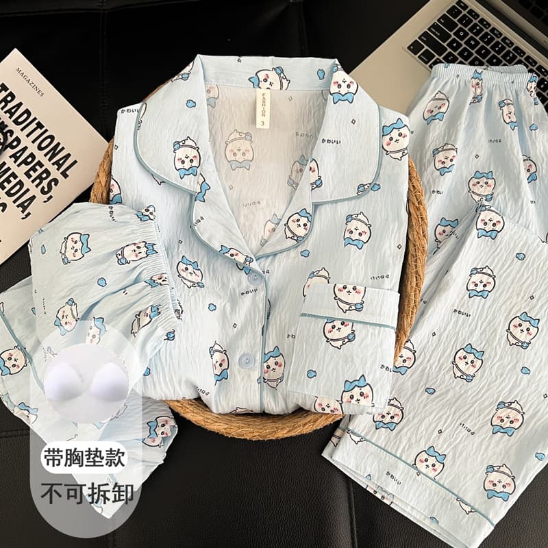 Japanese-style Xiaohachi cartoon clouds pure cotton gauze pajamas with breast pads for women summer short-sleeved three-piece cardigan home wear
