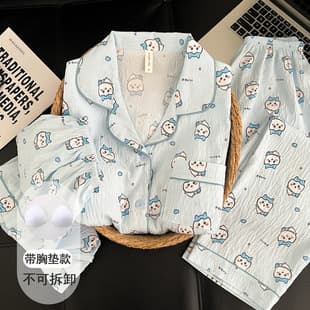 Cartoon Cloud Pure Cotton Gauze Pajama Set for Women with Bra Inserts, Summer Short Sleeve Three-Piece Cardigan Loungewear