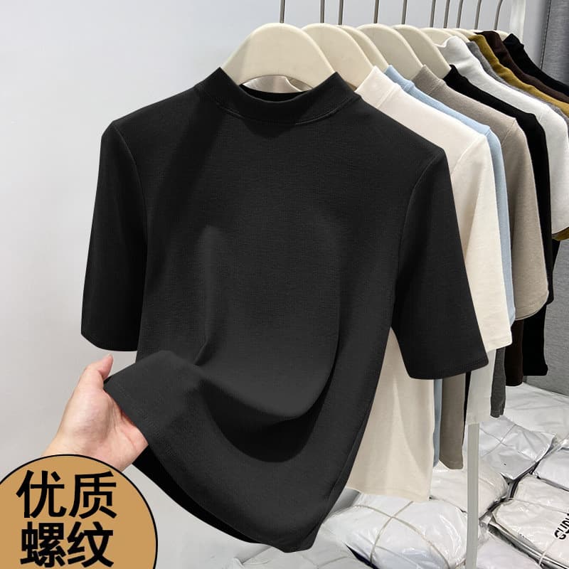Women's stand-up collar base layer top, spring/summer 2026 new style, stylish mid-neck slim fit five-quarter sleeve t-shirt top.