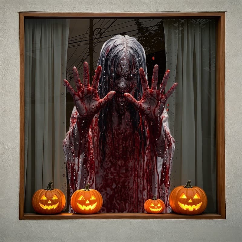Halloween Day Static Glass Door Cabinet Window Sticker Painting Female Ghost Hands Bloody Print Horror Decoration Party Arrangement